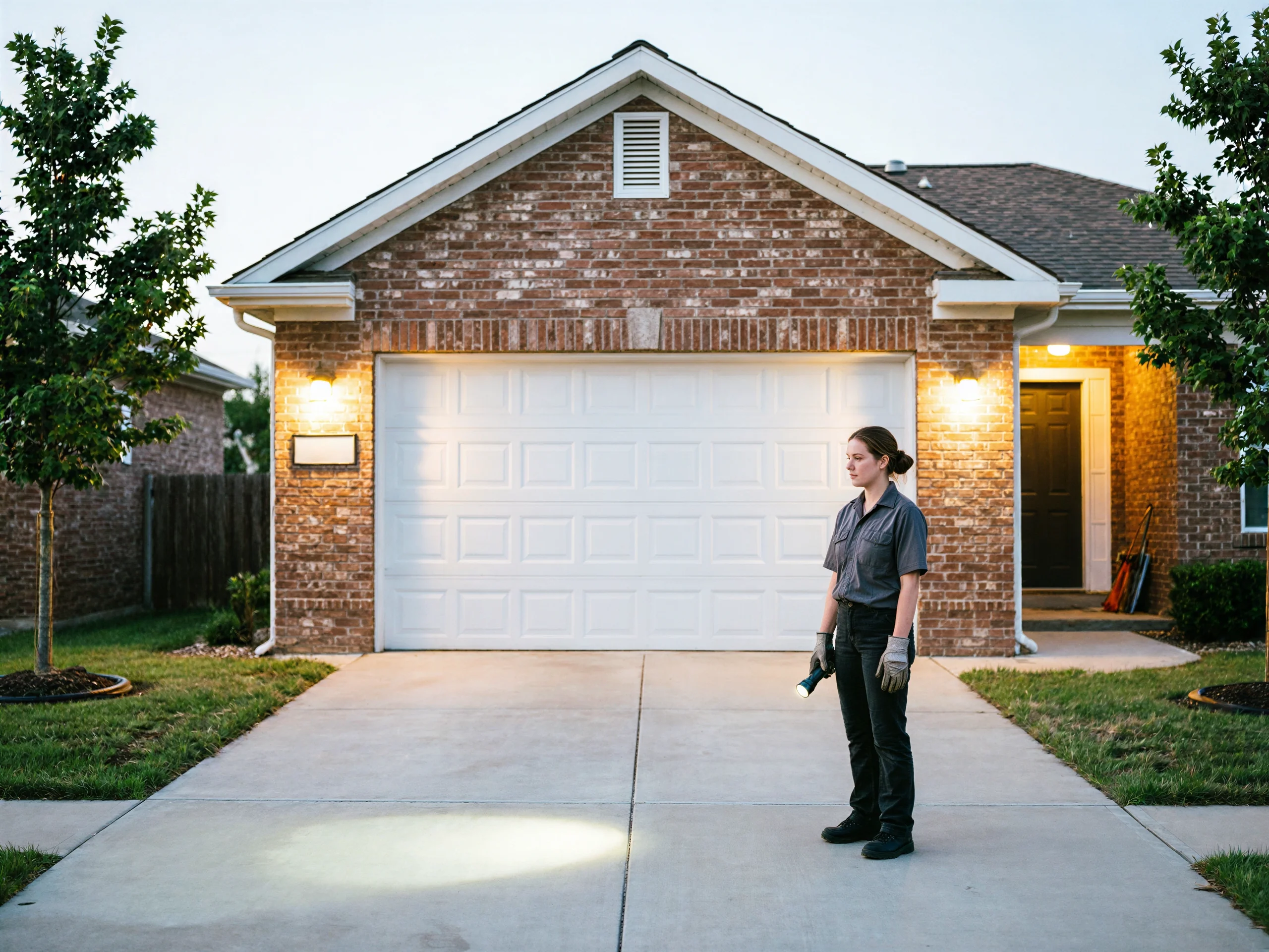 A technician stands in a driveway holding a flashlight, facing a white garage door.