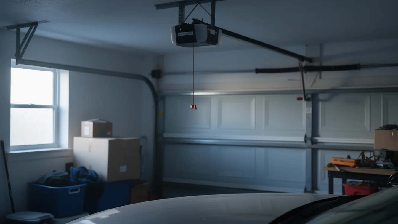 A garage door opener hangs above a white garage door with a window on the left.