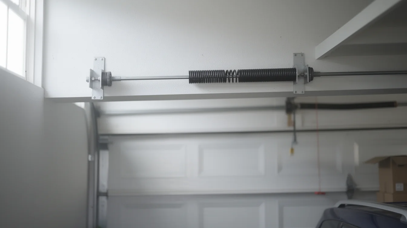 A torsion spring is mounted above a white garage door.